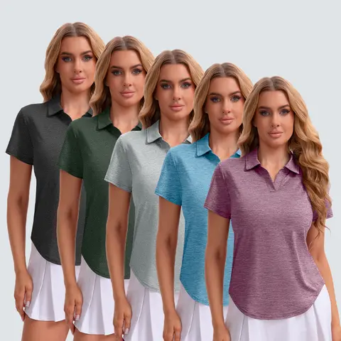 Veldtholos 5pcs Women's Fitted Solid-Color Short-Sleeve Athletic Active Tops - Sweat-Dry Fabric, Breathable V-Neck Dry Fit Activewear Shirts for Women, Fitness Running Tops for Sports, Casual Days