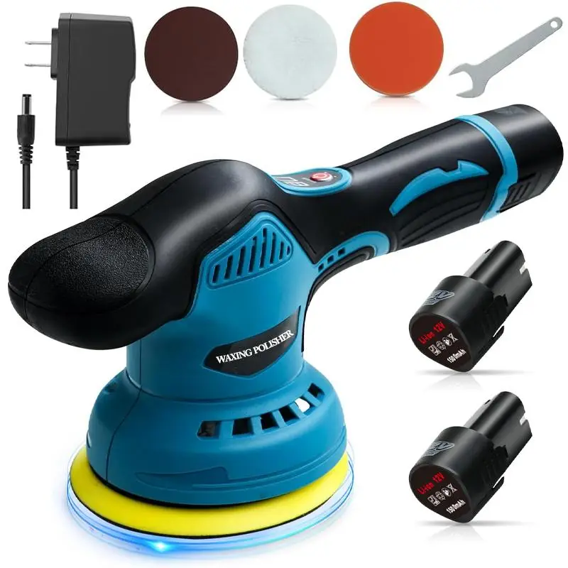 Cordless Car Buffer Polisher with 12V Lithium Rechargeable Battery*2, Cordless Polisher with 8 Variable Speeds, Cordless Buffer Polisher for Car Detai
