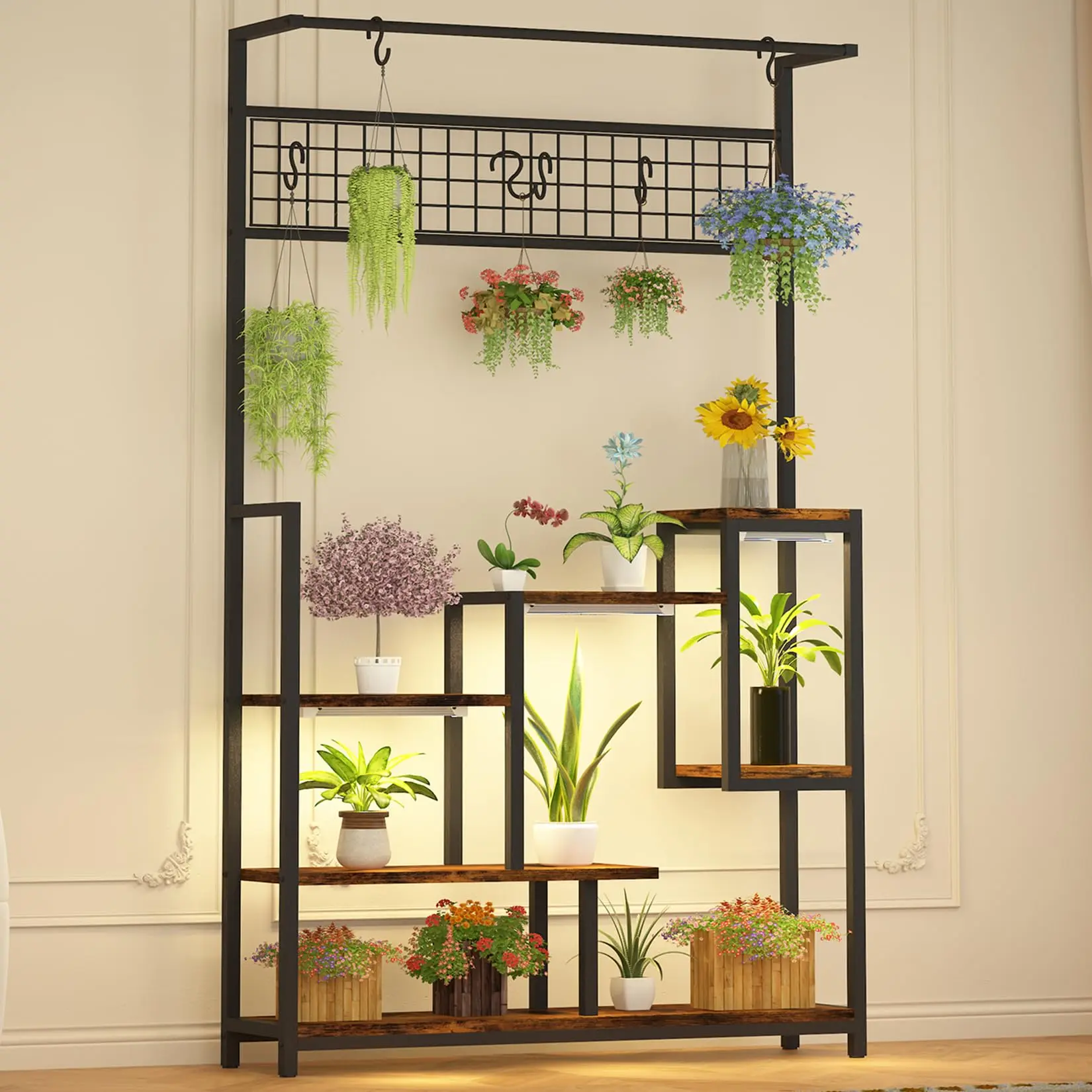 GARVEE Plant Shelf with Grow Light, Tall Plant Stand Indoor, 7 Tiered Large Metal Shelf with Hanging Hooks, Multi-Purpose Display Rack, Flower Bonsai Pots Organizer for Balcony, Living Room