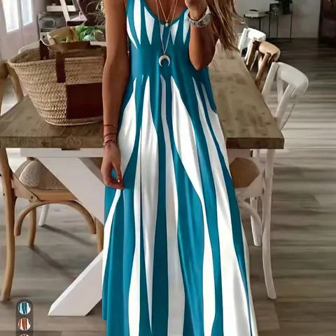 Striped Sleeveless V-Neck Maxi Dress, Casual Flowy Beach Holiday Dress, Spring, Fall and Summer Fashion, Beach Wear Dress