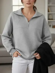 Women's Loose Zipper Long Sleeve Pullover Sweater, Casual Fall & Winter Clothing, Teacher, Daily Wear, Everyday, School Apparel, 1-4 Pieces Set