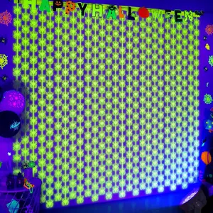 Halloween Party Decorations, 2 Pack Fluorescent Yellow Spider Fringe Curtains, Neon Photo Booth Prop Streamers Backdrop for Halloween Glow in The Dark Party Supplies Home Birthday Decor