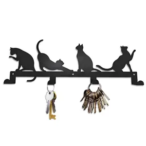 Cute Cat Rustic Metal Wall Coat Storage Rack – Space-Saving Organizer with Cup Rack, Towel Holder, and Coat Hooks