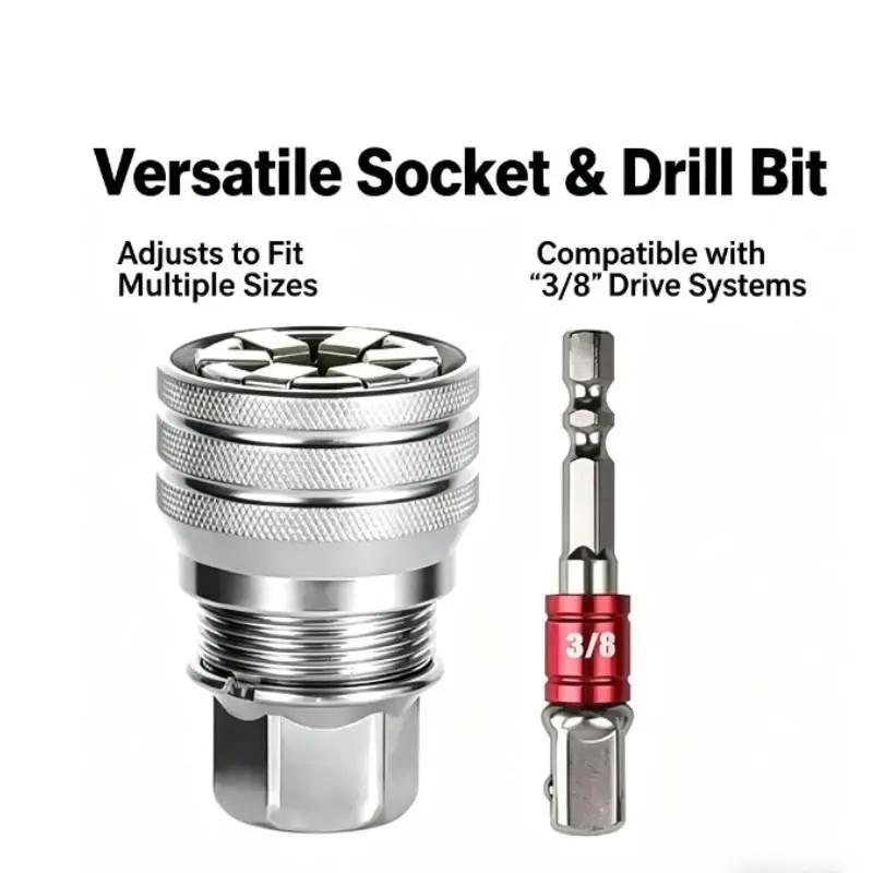 Multi-Function Universal Socket Wrench Tool with Drill Adapter - Professional 3/8" Drive Adjustable Socket for Drills & Ratchets