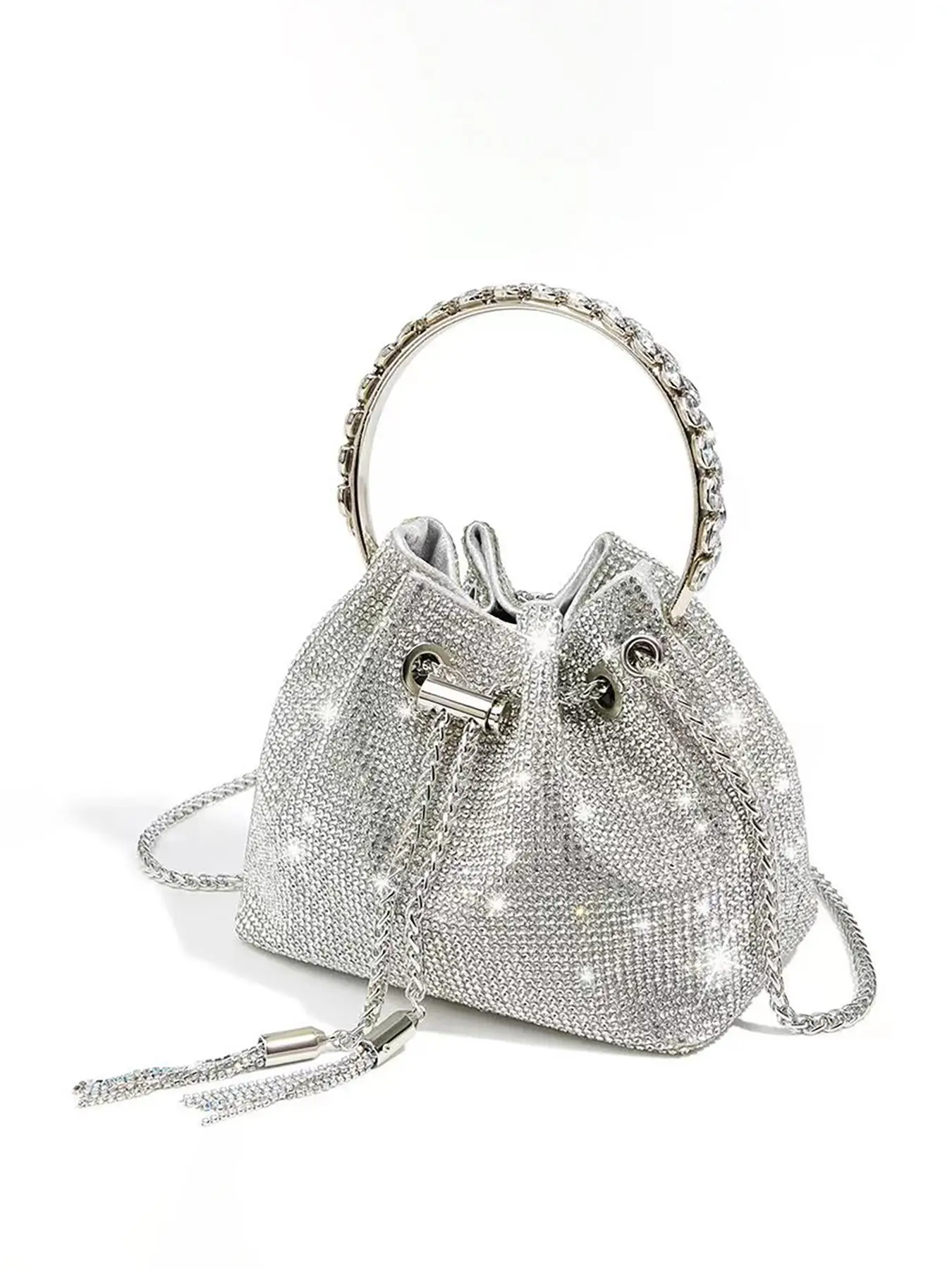 Women's Rhinestone Decorated Evening Bag with Round Top Handle, Crossbody Bag for Women, Elegant Shiny Tassel Chain Drawstring Design Shoulder Bag for
