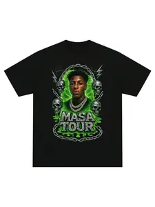 YoungBoy MASA TOUR 100% Cotton T-Shirt – Neon Green Skull & Chain Graphic Tee, Hip-Hop Concert Apparel, Trendy Streetwear for Rap Fans & Urban Style Enthusiasts