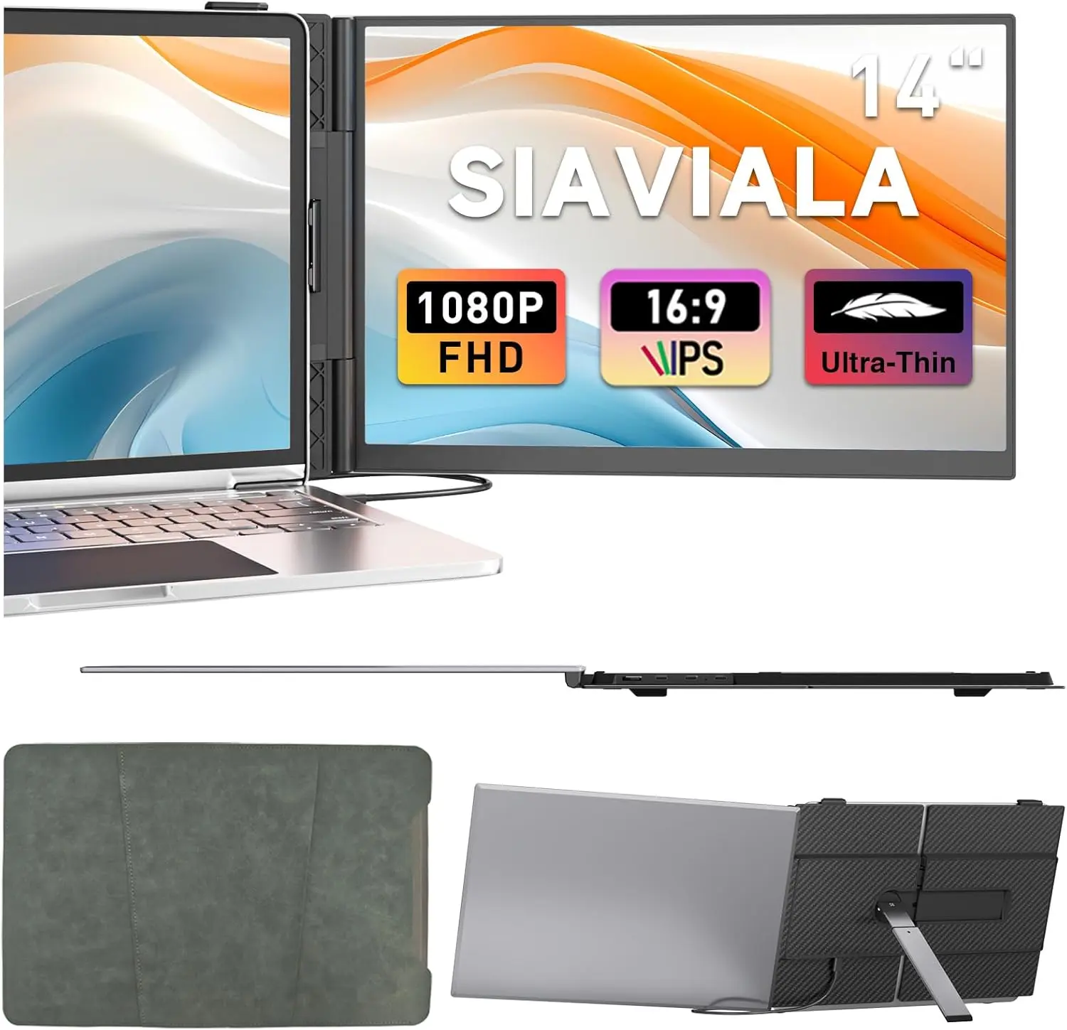 Siaviala Laptop Screen Extender, 2025 Upgraded Ultra-Thin Ultra-Slim 14” FHD 1080P Portable Monitor, Lightweight Dual Laptop Monitor Extender for 13-17.3” Laptops, Plug n Play for Windows/Mac/Android computer accessory