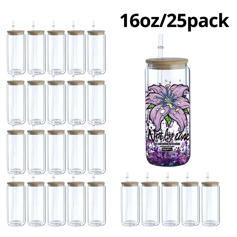 25-Pack 16oz Sublimation Snow Globe Cup with Bamboo Lids,  16oz Double-Wall Glass Drinkware, Pre-Drilled Hole, Bamboo Lid, Straw, Silicone Plug, DIY Festive Gift Kitchenware, Tumbler