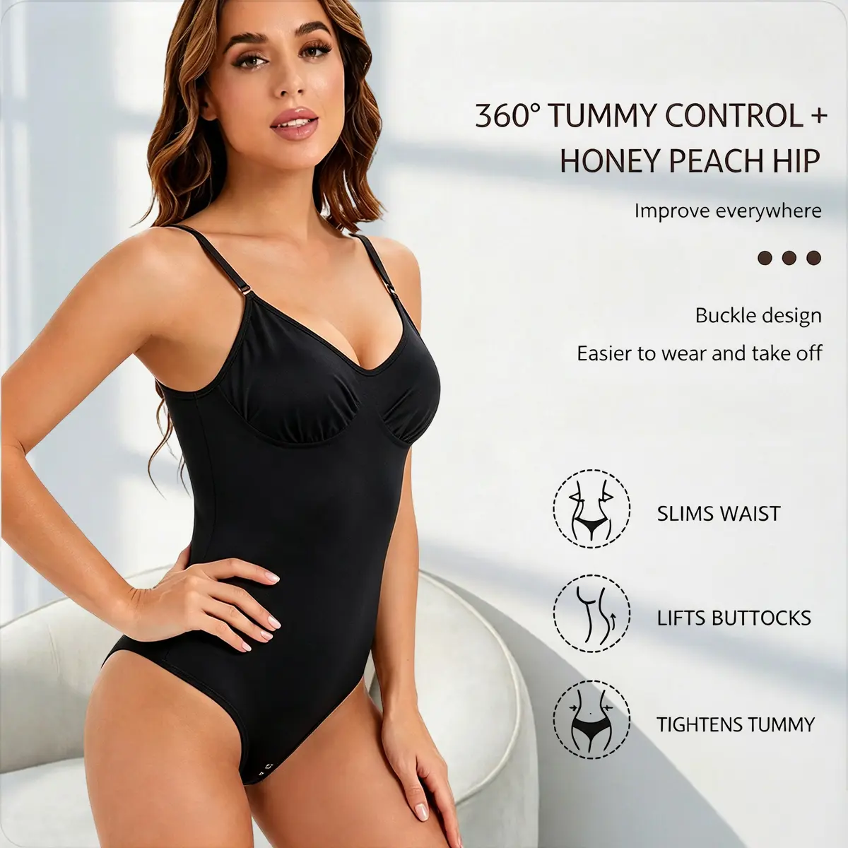 Women's Elegant Sexy Shapewear, 360° Tummy Control Honey Peach Hip Bodysuit with Buckle Design for Waist Slimming, Butt Lifting