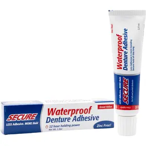 Secure Waterproof Denture Adhesive - Zinc Free - Extra Strong Hold For Upper, Lower or Partials - 1.4 oz