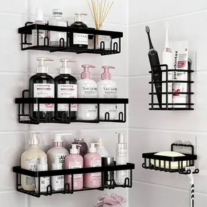 Shower Storage 5-Piece Set Self-Adhesive Stainless Steel Shelf No Drilling Required Rust-Resistant Bathroom Decor Accessories Pink Shampoo Body Wash Basket no-drill bathroom shelf Transparent Caddy stick-on
