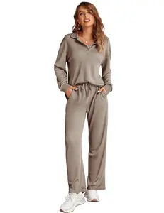 Ekouaer Waffle Knit Pajamas Set for Women 2 Piece Outfits Long Sleeve Button Top and Wide Leg Pant with Pockets Loungewear Casual Wear Nightwear Pajama Set Soft