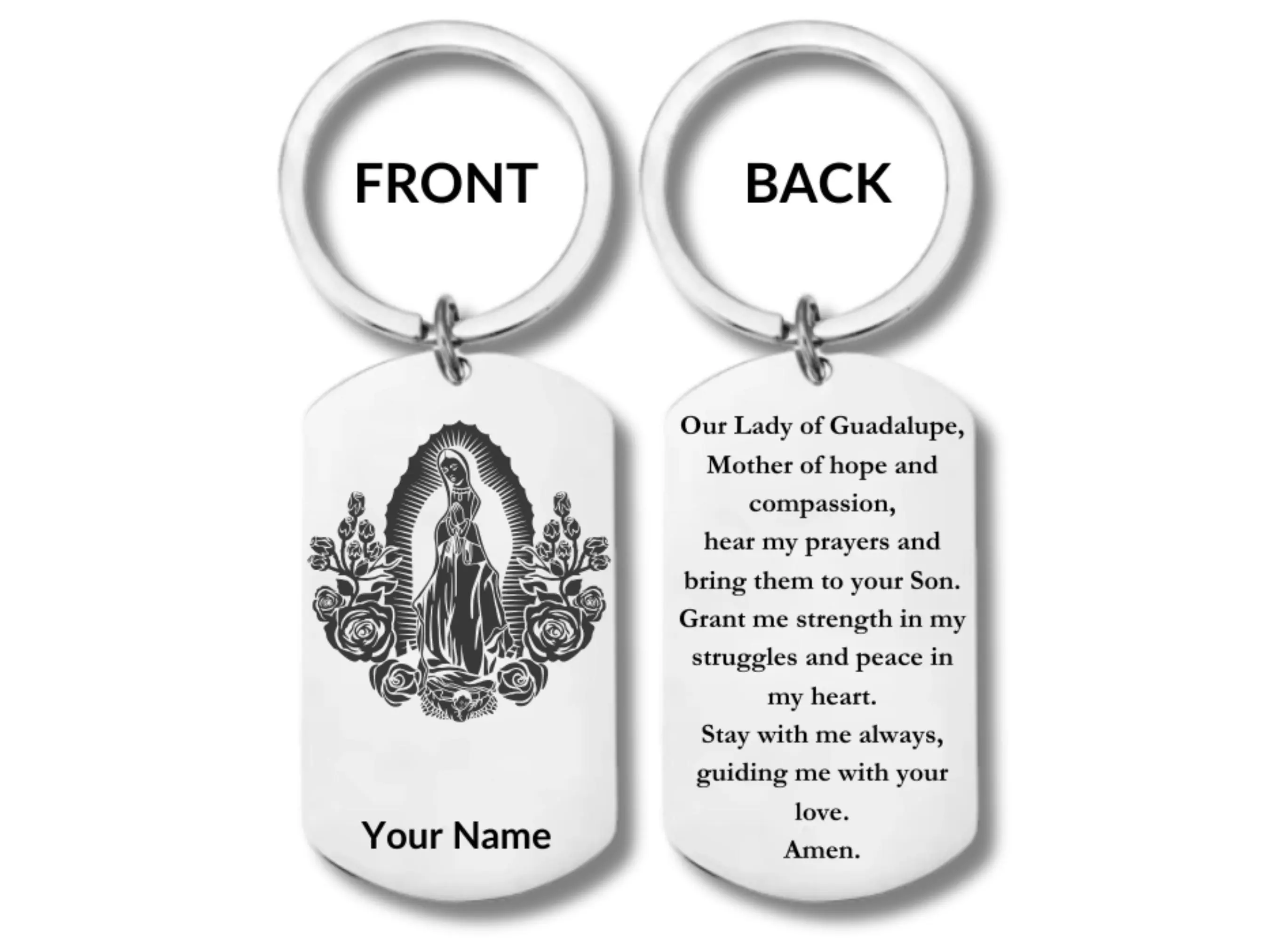 Stainless Steel Rectangular Keychain, Virgin Mary with Prayer, Our Lady of Guadalupe con Oracion, Personalized Engraving Included