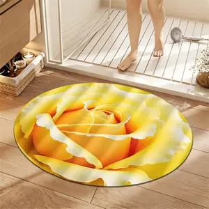 1Pc Realistic style Yellow Rose Circular Bathroom Mat, Flannel Non Slip Round Art Beauty Bath Rug, Circular Thickened Soft Absorb Water Floor Carpet, Microfiber Surface Memory Foam Cushion, Home Bathroom Holiday Dec Bath Mats