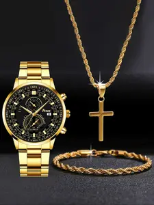 Business Fashion Men's Watch Set 3pcs, Includes Necklace and Bracelet, Perfect Gift for Daily Use, Parties, Birthdays, Father's Day