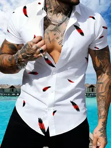 White Feather Print Short Sleeve Shirt for Men, Slim Casual Shirt, Summer Fashion Trendy Men's Top