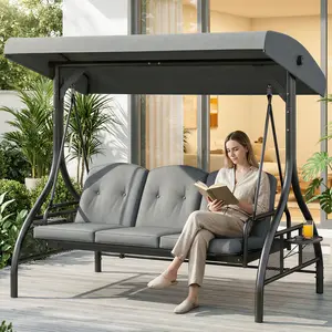 Arlopu 3 Seat Outdoor Porch Swing with Stand, Convertible Porch Standing Swing Bed with Adjustable Canopy for Adults, Patio Swing Chair with Cup Holder & Thickened Cushions for Yard, Deck, 750LBS