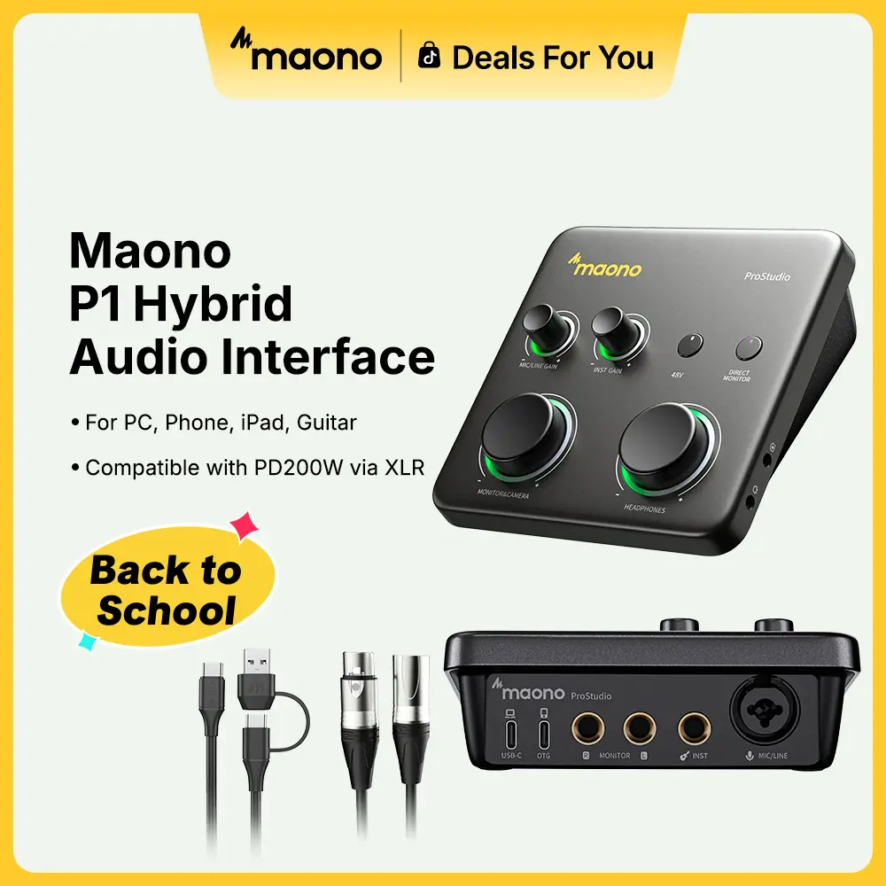 【Back To School】MAONO P1 Hybrid Multi-Device Audio Interface with Cable & Adapter - 70dB Gain, Auto-Gain, Loopback, Mute, Noise Reduction - for XLR Mic, PC, Phone, iPad, Guitar - Streaming, Recording for Content Creators