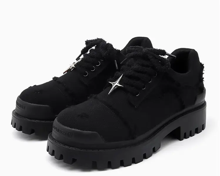 Men's Platform Sneakers, Dark Style Canvas Trainers with Distressed Star and Metal Accents, Casual Athletic Walking Shoes