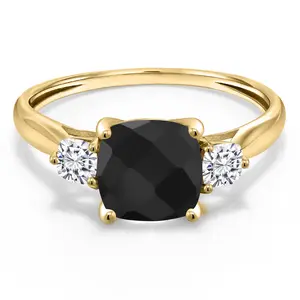 Gem Stone King 10K Yellow Gold Black Onyx and White Moissanite Engagement Ring For Women | 1.73 Cttw | Cushion Checkerboard 7MM | Gemstone December Birthstone