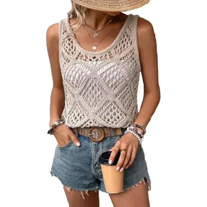 Women's Crochet Tank Tops Knit Sweater Vest Hollow Out Sleeveless Cover Up BohoScoop Neck Pullover Womenswear Basic Casual Fitted Khaki Minimalist