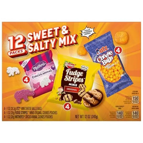 Keebler Sweet & Salty Mix, Keebler Fudge Stripes, Mother's Circus Animals, Utz Mini Cheese Balls, 1 Oz. (Pack of 12)