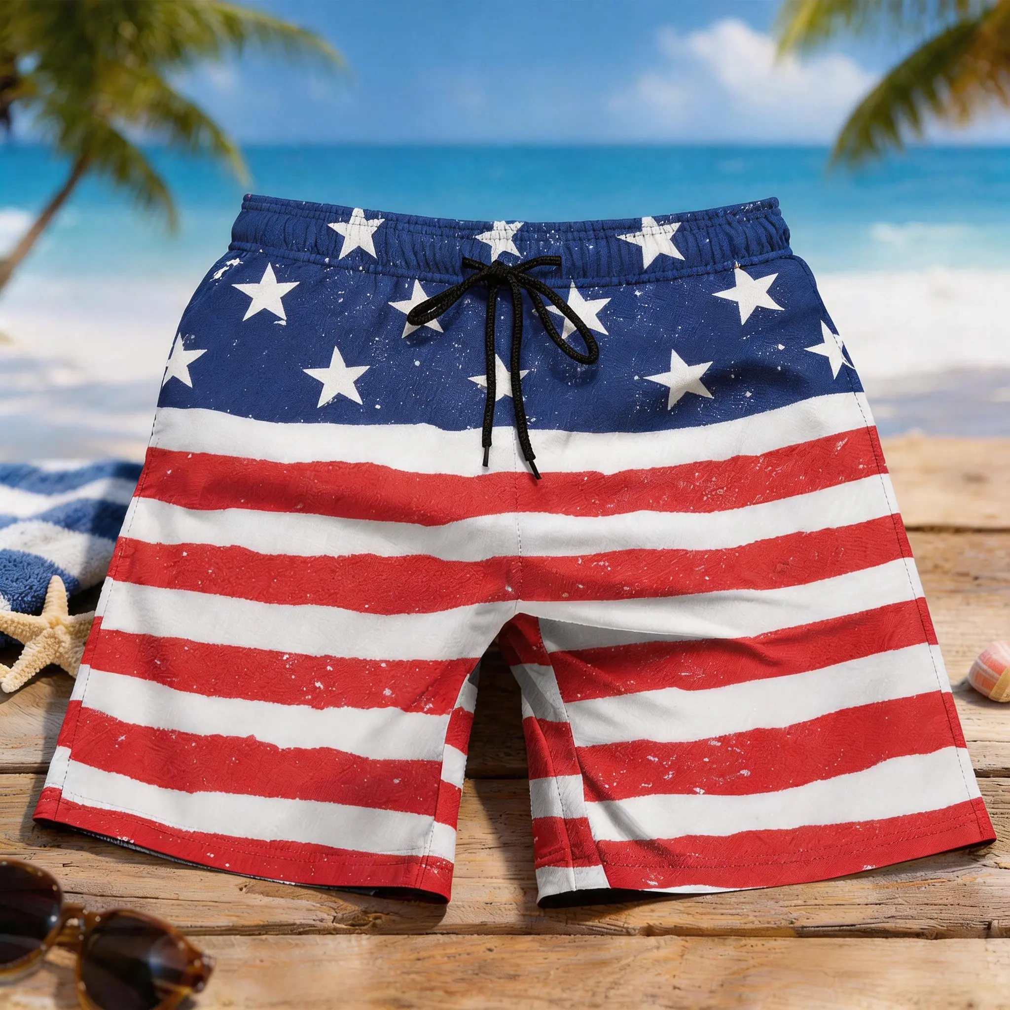 Men's Swim Trunks, Vintage American Flag Print Quick-Dry Stretchy Beach Shorts with Adjustable Drawstring for Surfing, Men's Swimming Trunks, Swimming Trunks