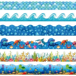 Borders for Bulletin Board Decoration, 118 ft Ocean Theme Scalloped Trim Classroom Bulletin Board Borders for Spring Summer Vbs Office Whiteboard Wall Poster Chalkboard Decor