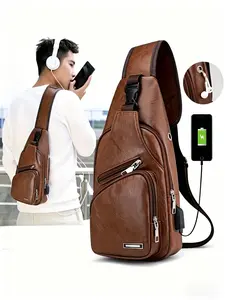 Portable USB Charging Chest Bag for Men, Leather Crossbody Sling Backpack with External Charging Hole, Convenient Shoulder Bag for Travel