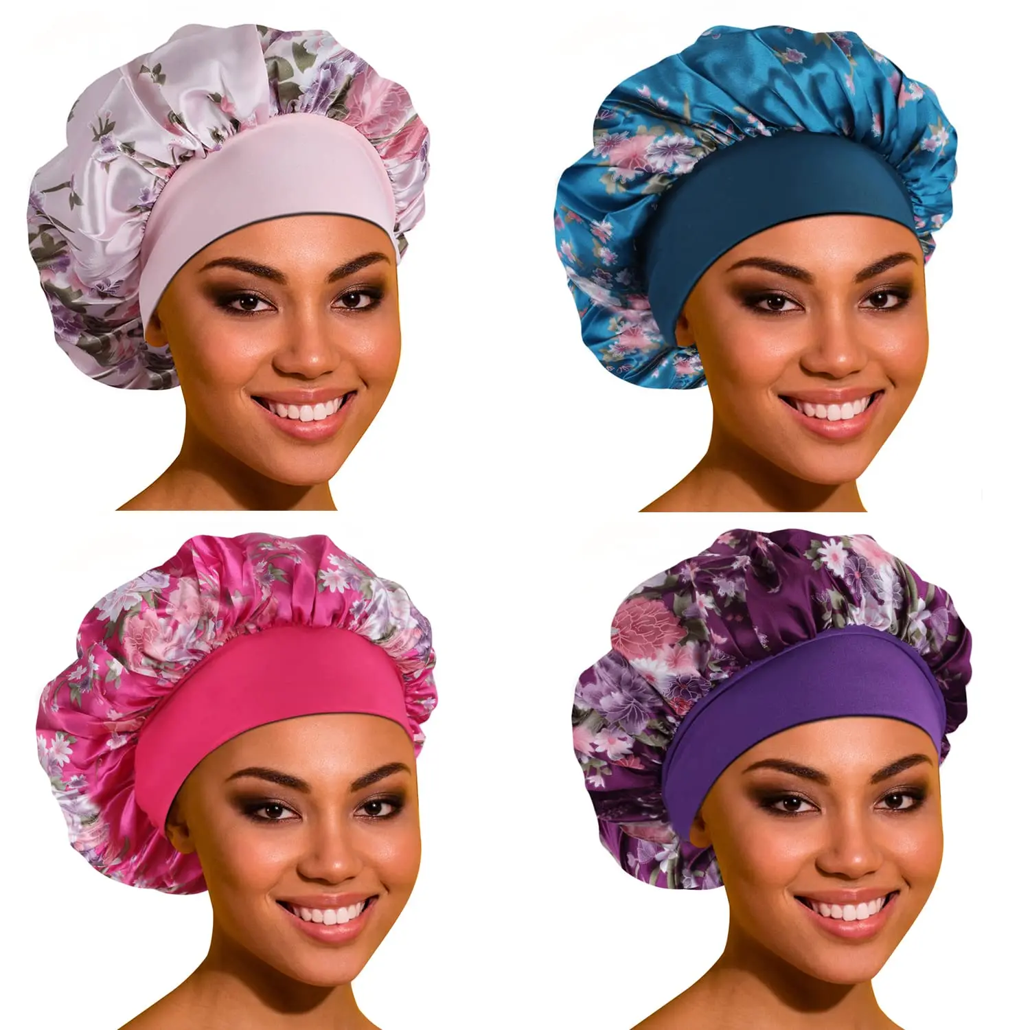 4PCS Satin Bonnet Hair Bonnet for Sleeping - Large Bonnets for Women with Elastic Soft Band for Curly Hair Braids