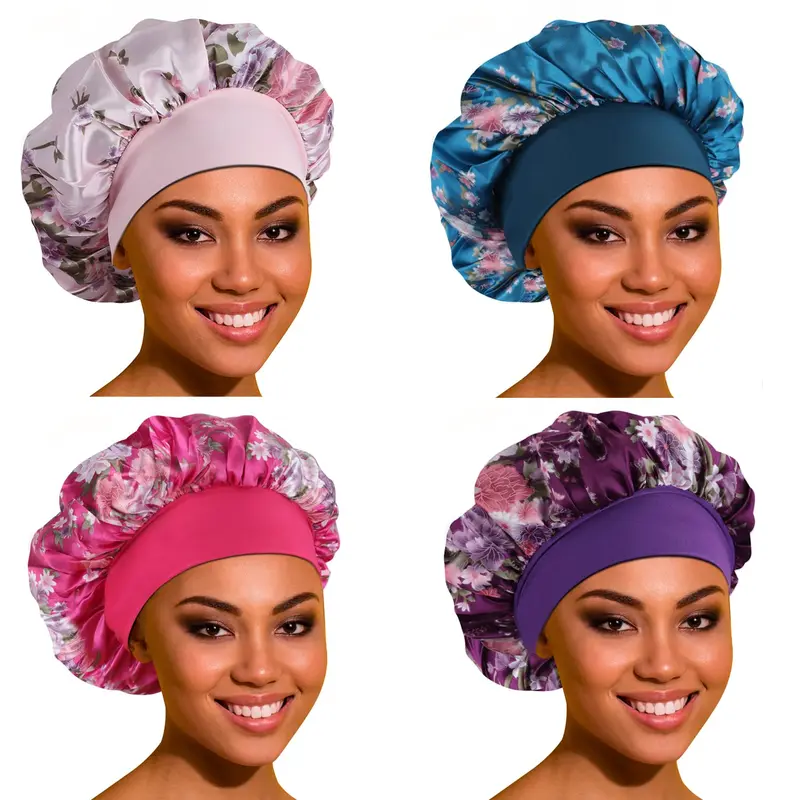 4PCS Satin Bonnet Hair Bonnet for Sleeping - Large Bonnets for Women with Elastic Soft Band for Curly Hair Braids