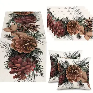 7-Piece Winter Pinecone Table Runner Set, Pillow Covers, Placemats, Christmas Holiday Decor, Indoor Outdoor Party Supplies