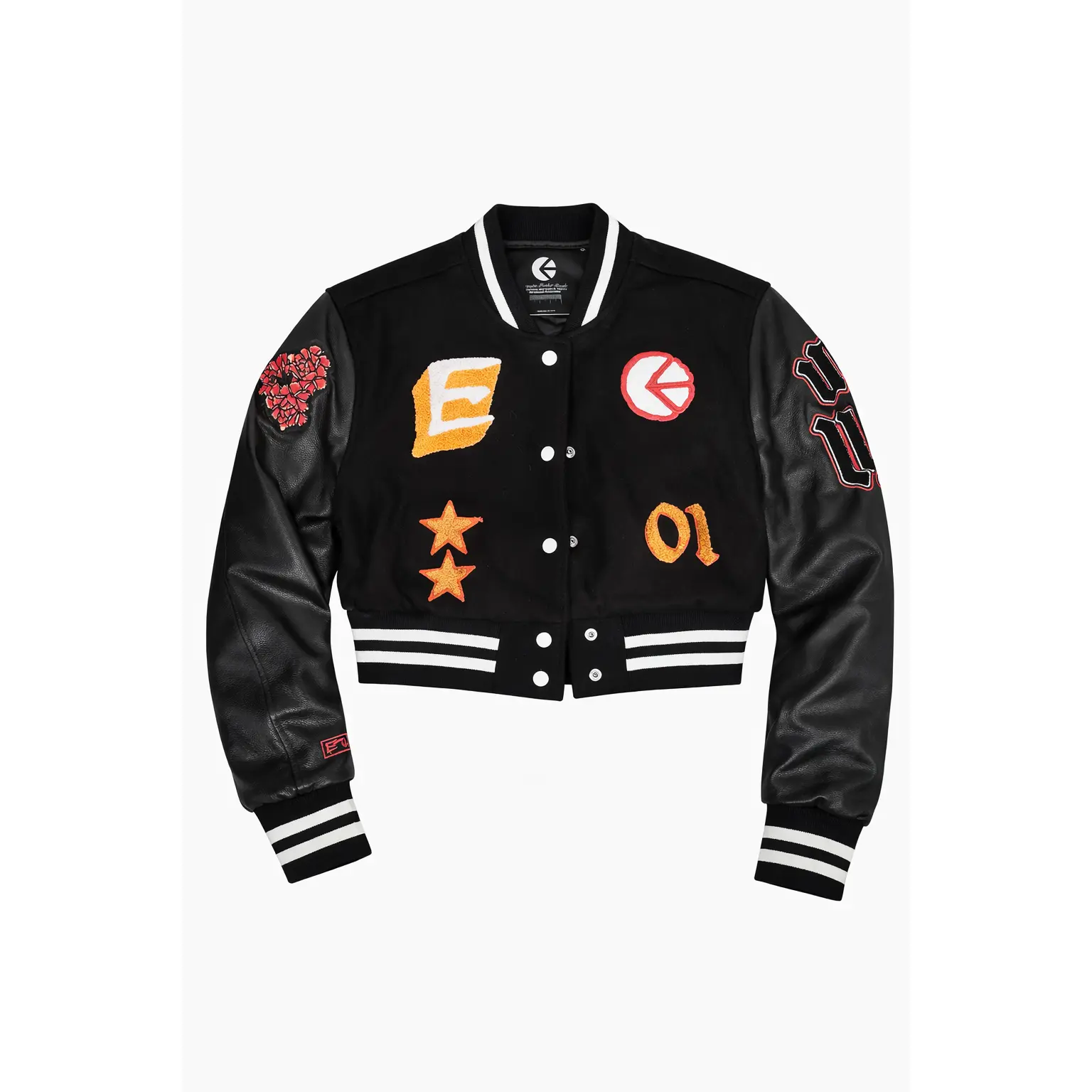 Cropped Varsity Jacket for Women, Wool Blend Bomber with Faux Leather Sleeves, Ribbed Trim and Printed Embroidery, Tops, Coats, Fabric, Soft, Fitted, Casual