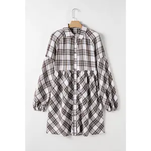 White Plaid Bubble Sleeve Flowy Shirt Dress