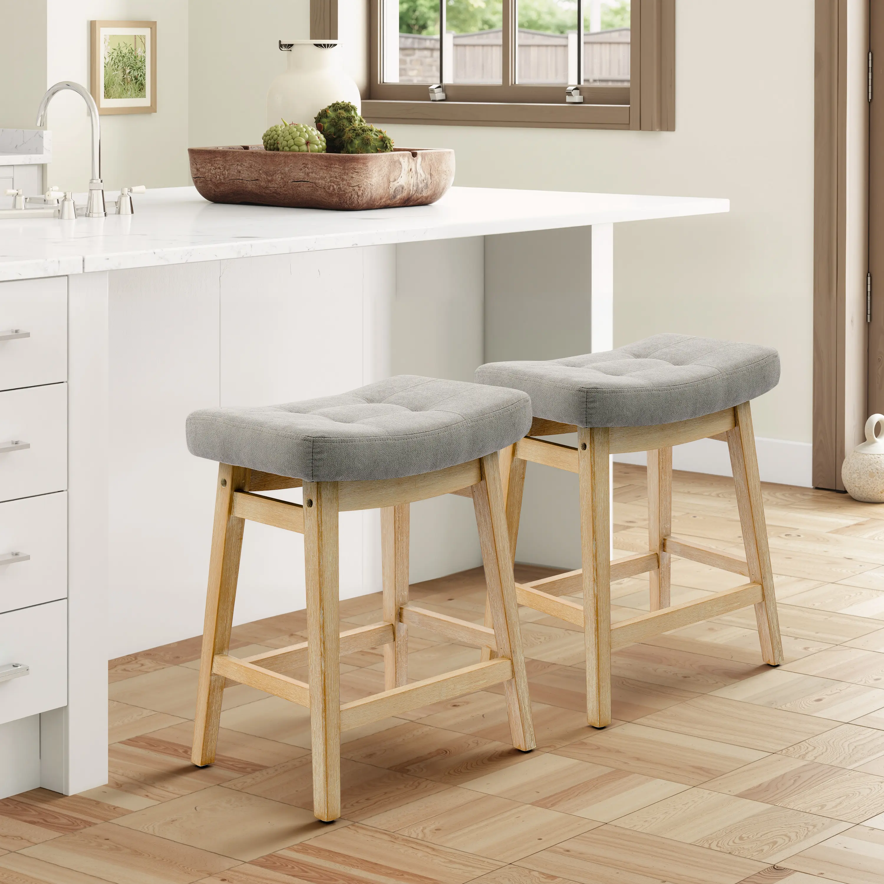 FREKEN 24 In Counter Height Bar Stools (Set of 1/2/3) - Modern Farmhouse Indoor Kitchen Island Seats, Upholstered Breathable Seat, Backless, Without Arms, Solid Wood Legs, Grey + Light Wood Color