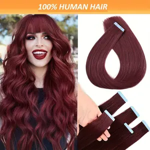 New Fashion Burgundy Red 16-26 Inch Tape in Hair Extensions: Soft & Smooth Human Hair, Non-Frizz, Non-Knotted, Blend Perfectly with Your Own Hair - Women'S Hair Extensions Tape in Straight Seamless Skin Weft Remy Tape