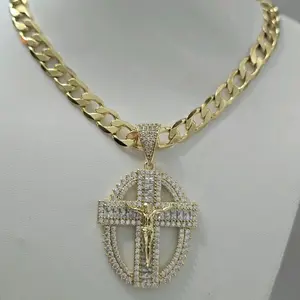 Gold Cuban Link Chain 8mm x 22 Inches with Jesus Crucifix Pendant Featuring Multiple Zirconia Stones High-Quality Water-Resistant Daily Wear Jewelry