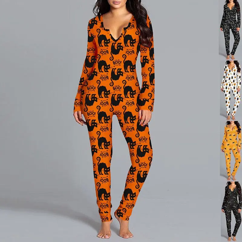 Spooktacular Chic: Halloween Printed Long Sleeve Jumpsuit for Women