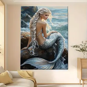 2D Flat A Canvas Poster Beautiful Mermaid Sitting on Rocks in The Ocean 2 Canvas Poster with Wooden Frame - Modern Art Deco Style Wall Decor, Waterproof, Easy to Hang, Suitable for Living Room, Bedroom, Home Office - Unique Gift Idea