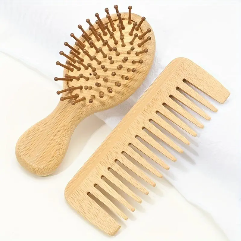 2pcs/1pcs Small Air Cushion Comb and Natural High Quality Wide Tooth Bamboo Comb, Anti Tangle Brush, Smooth Hair Without Knots, Suitable for All Hairstyles, Paddle Brush