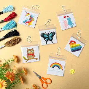 6-Piece Small Cross Stitch Ornament Set, DIY Handmade Kit with Hand Embroidered Rainbow Owl Heart Designs, Includes Embroidery Floss & Tools