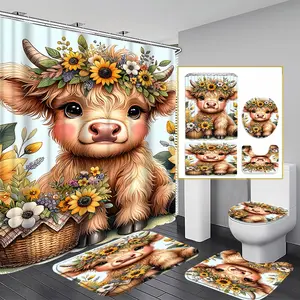 Festive Highland Cow Bathroom Set, Shower Curtain Sets, Includes Shower Curtain & 12 Hooks, Non-Slip Bath Mat, U-Shaped Rug, Ideal for Home Decor & Gifts