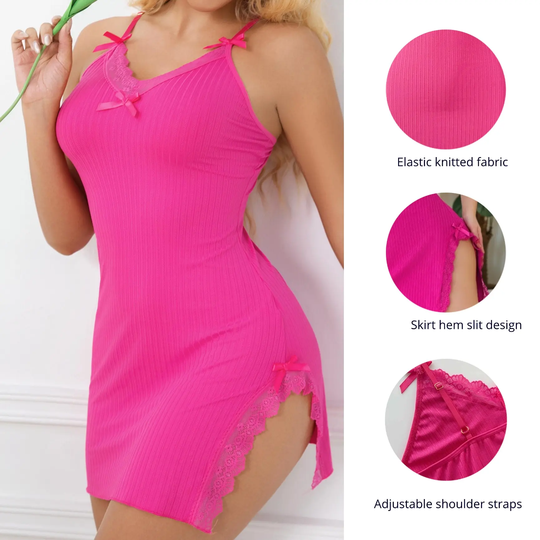 Women's Sexy Plain Smooth Satin Chemise Nightgown - V-Neck Lace Trim Lingerie with Adjustable Straps, Side Split, Sleeveless/Short Sleeve for Valentine’s Day Party, Lady’s Pullovers Clothes, Polyester Sleepwear Loungewear