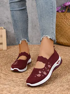 Chic Floral Embroidered Mary Jane Sneakers for Women, Knit Slip-On Platform Trainers, Vintage Casual Walking Shoes, Sports Shoes, Lightweight Slip Ons