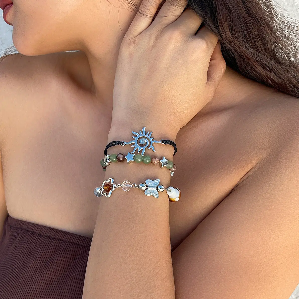 Boho 3pcs Mushroom Butterfly Sun Charm Bracelet Set, Natural Stone Beaded Stackable Bracelets, Adjustable Summer Hippie Jewelry, Colorful Casual Layered Bracelets for Women Daily Festival Wear Gifts