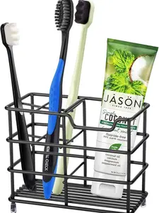 Stainless Steel Bathroom Toothbrush Holder Toothpaste Holder Stand Bathroom Accessories Organizer (Black, Small)