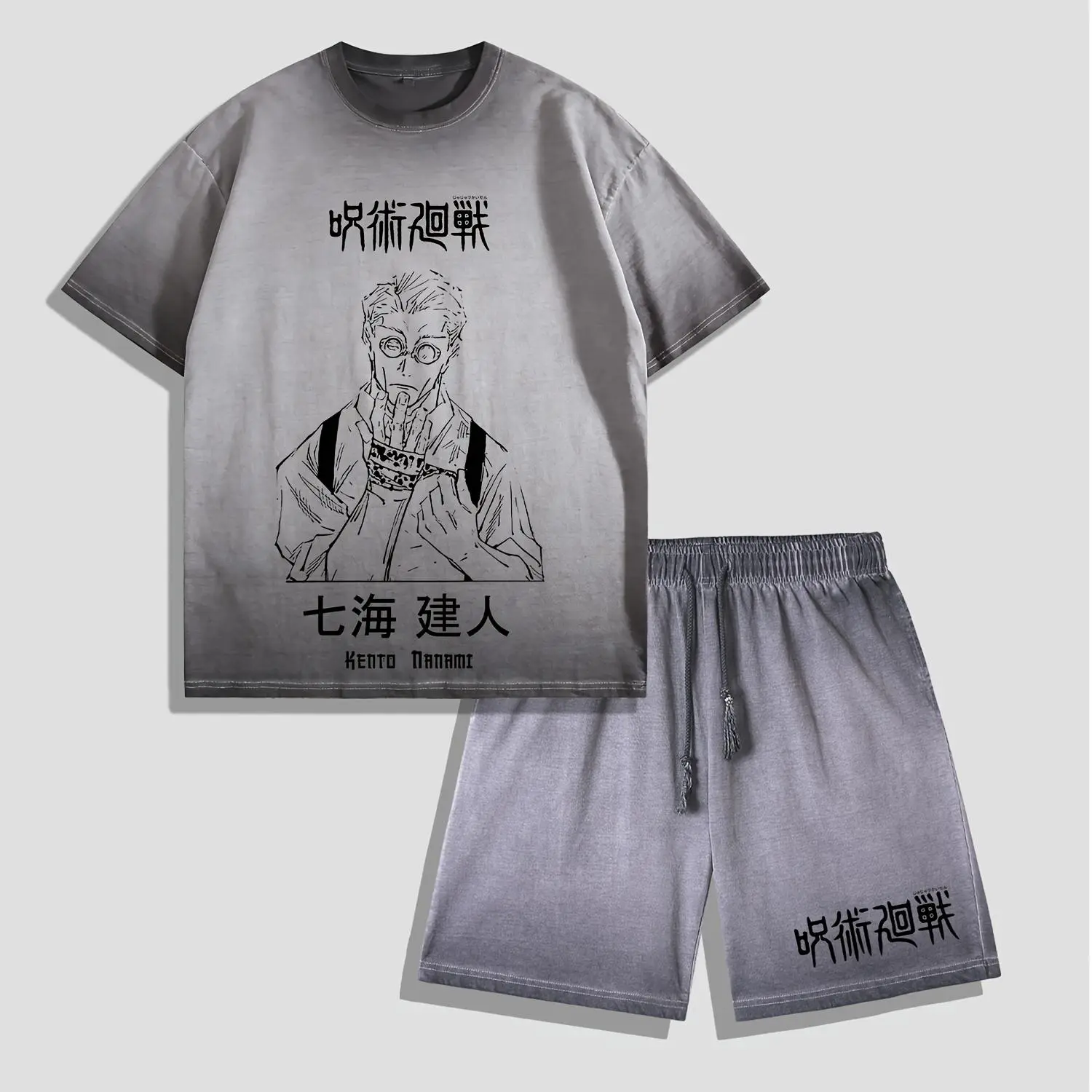 Jujutsu Kaisen Kento Nanami Washed T-Shirt Shorts Set, Vintage Anime Streetwear, Oversized Sorcerer Casual Outfit