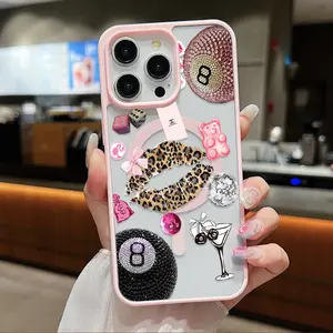 Retro 8 Ball Leopard Print Lips Gummy Bear Design Clear Magnetic Phone Case , Support MagSafe Silicone Bumper Protective Cover For iPhone X 11 12 13 14 15 16 17 Pro Max Plus Air Girl, Y2K Trendy