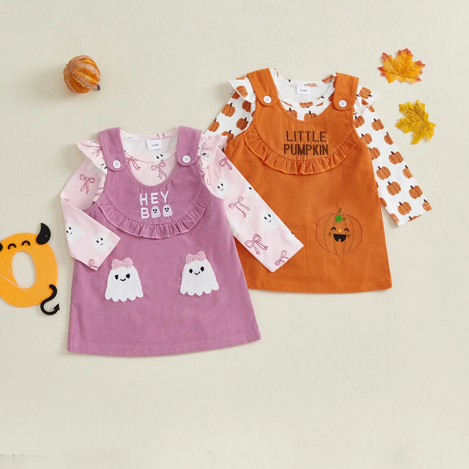 Baby Girl Halloween Outfit Pumpkin/Ghost Ruffle Long Sleeve Romper Overall Dress 2 Piece Set