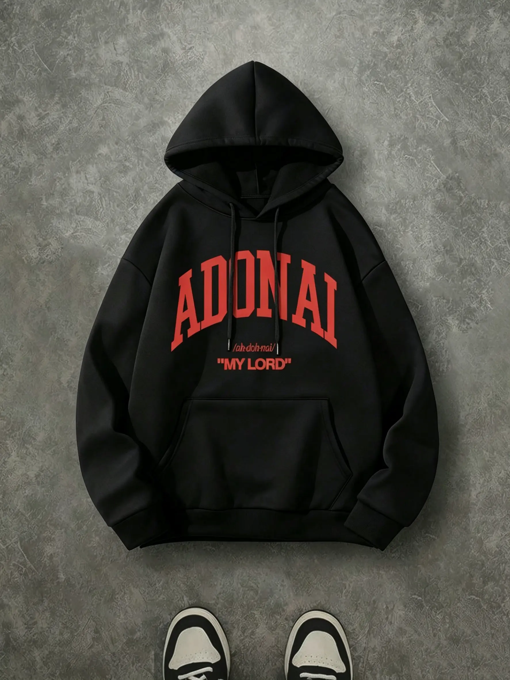 Adonai My Lord Vintage College Hoodie, 270G Brushed Fleece Hebrew Christian Red Letter Hooded Sweatshirt, Religious Faith Casual Streetwear Pullover For Men Women